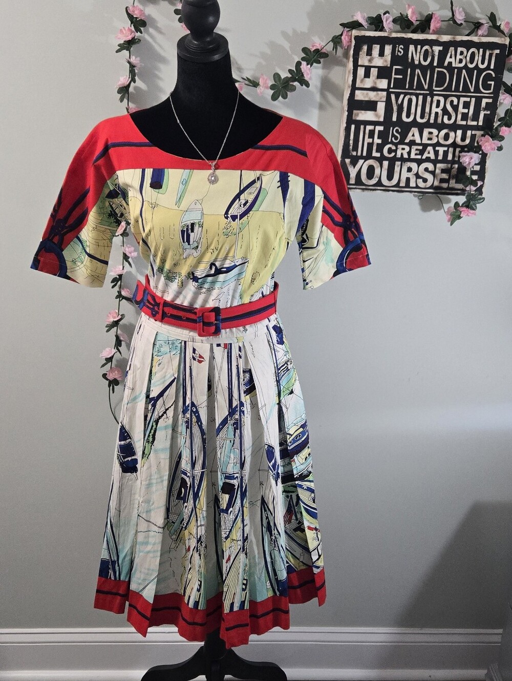 Samantha Sung Sailboat Print Pleated Dress Sz 8 Red Blue Nautical Belted Mid-Len